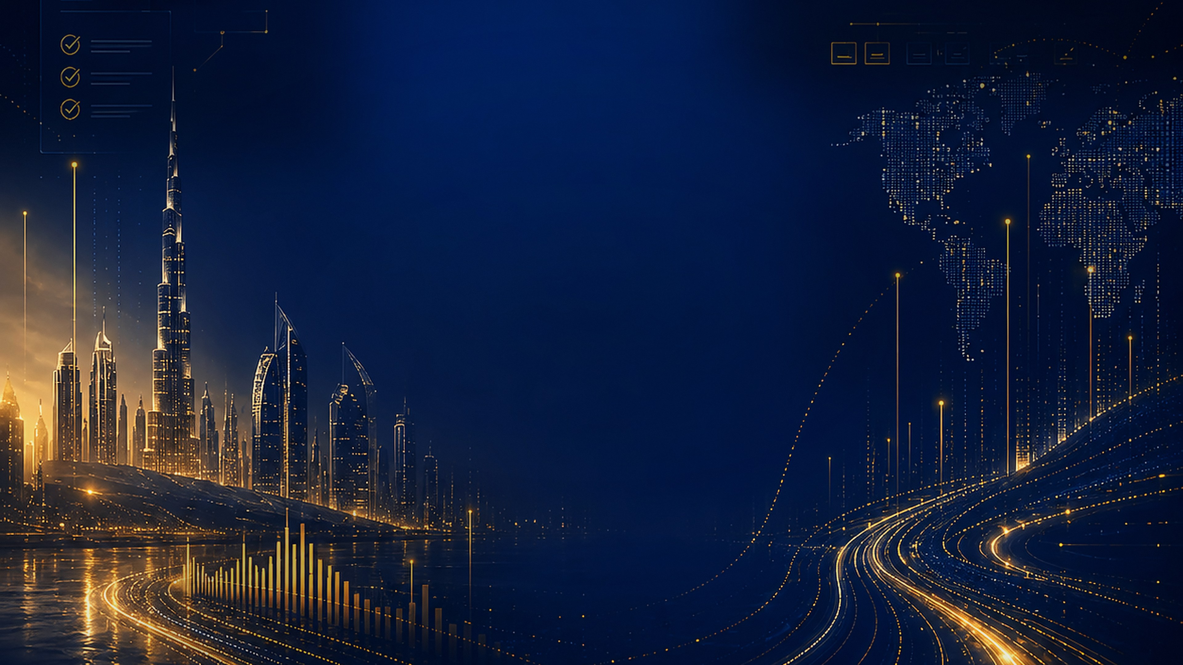 Dubai skyline and global finance background