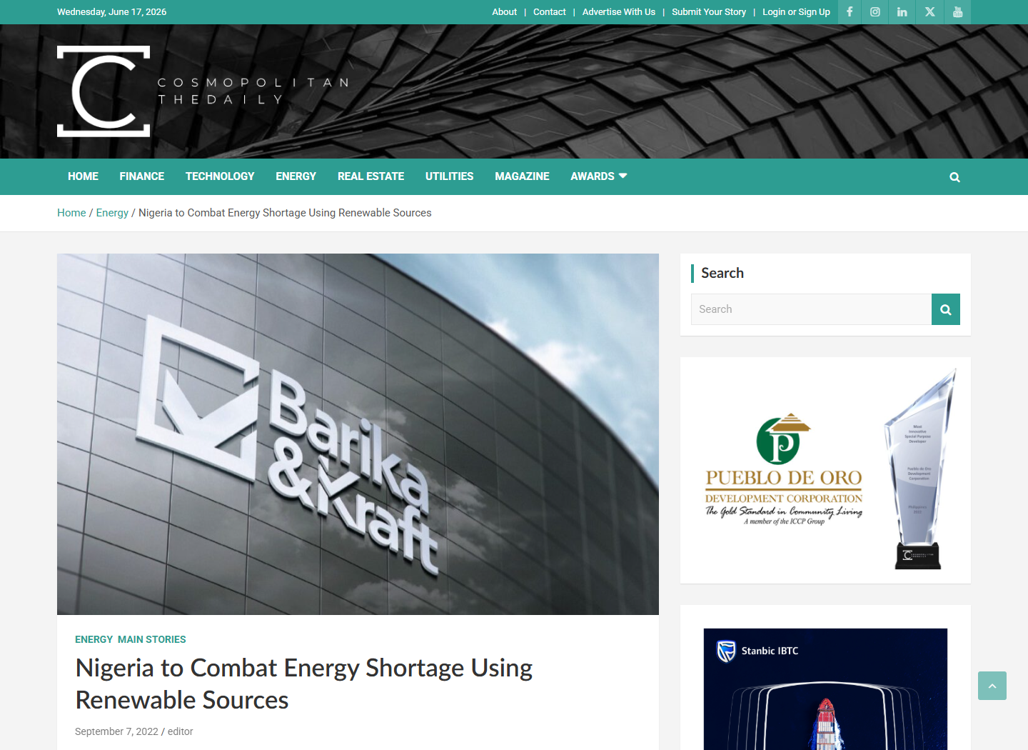 Screenshot of Cosmopolitan The Daily coverage: Nigeria to Combat Energy Shortage Using Renewable Sources