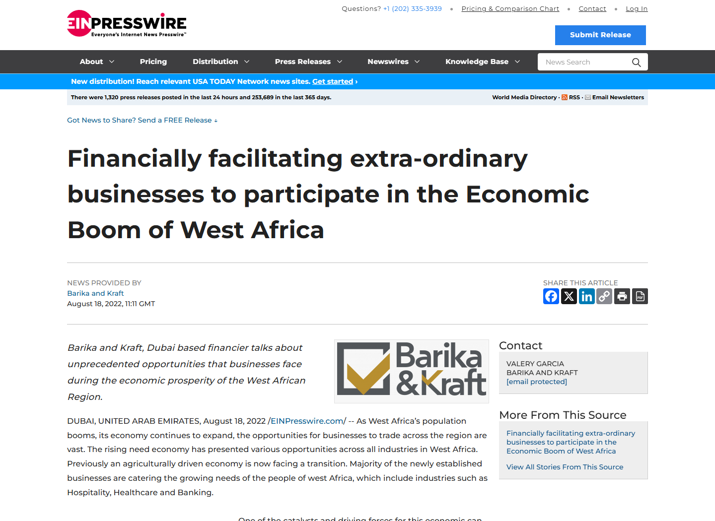 Screenshot of EIN News coverage: Financially facilitating extra-ordinary businesses to participate in the Economic Boom of West Africa