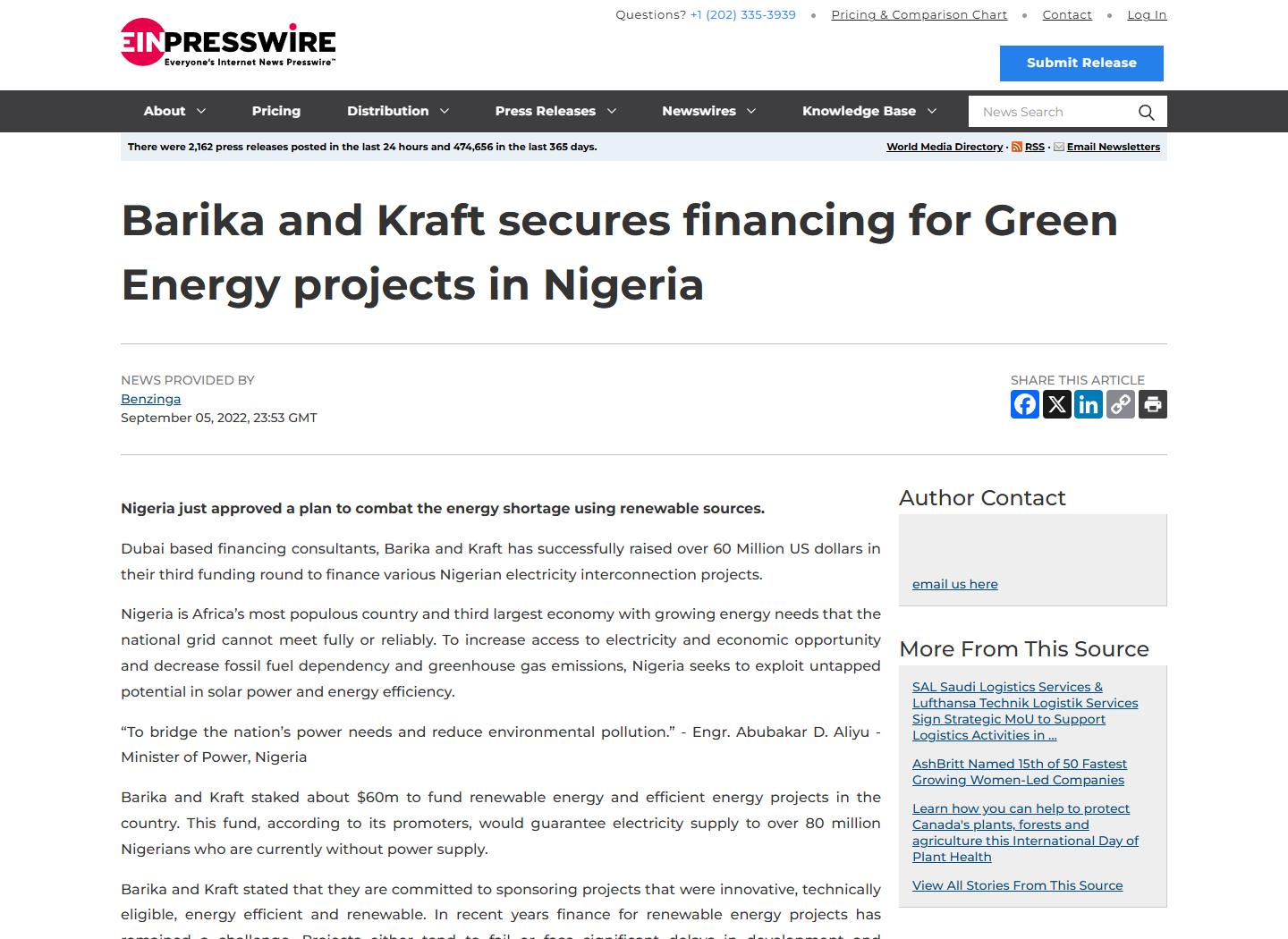 Screenshot of EIN Presswire coverage: Barika and Kraft secures financing for Green Energy projects in Nigeria