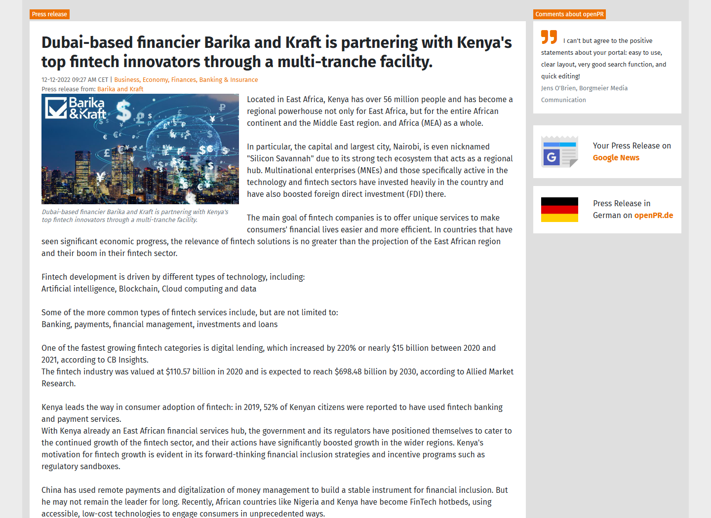 Screenshot of openPR coverage: Dubai-based financier Barika and Kraft is partnering with Kenya's top fintech innovators
