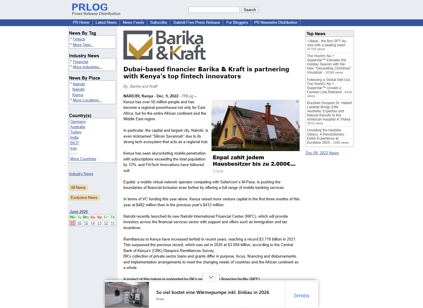 Screenshot of PRLog coverage: Dubai-based financier Barika & Kraft is partnering with Kenya's top fintech innovators
