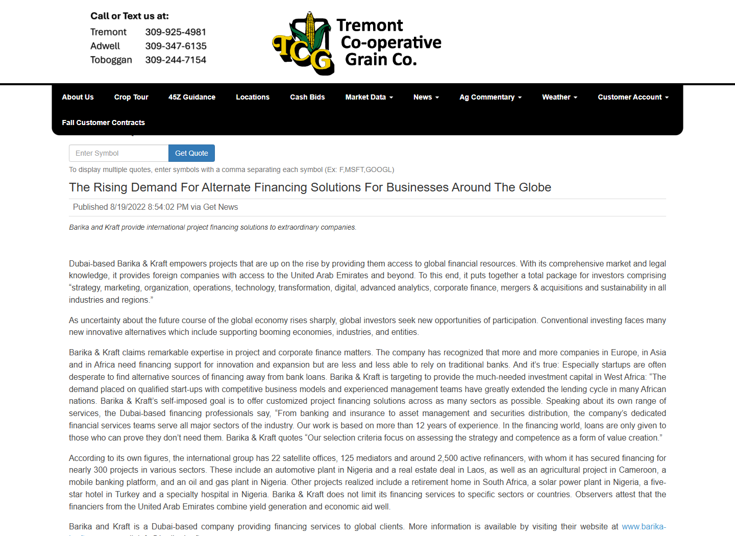 Screenshot of Tremont Cooperative Grain Co. coverage: The Rising Demand For Alternate Financing Solutions For Businesses Around The Globe